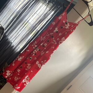 Red Floral Button-Front Spaghetti Strap Dress